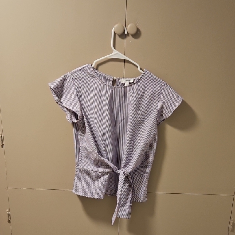 Roommates Navy and White Striped Tie-Front Blouse